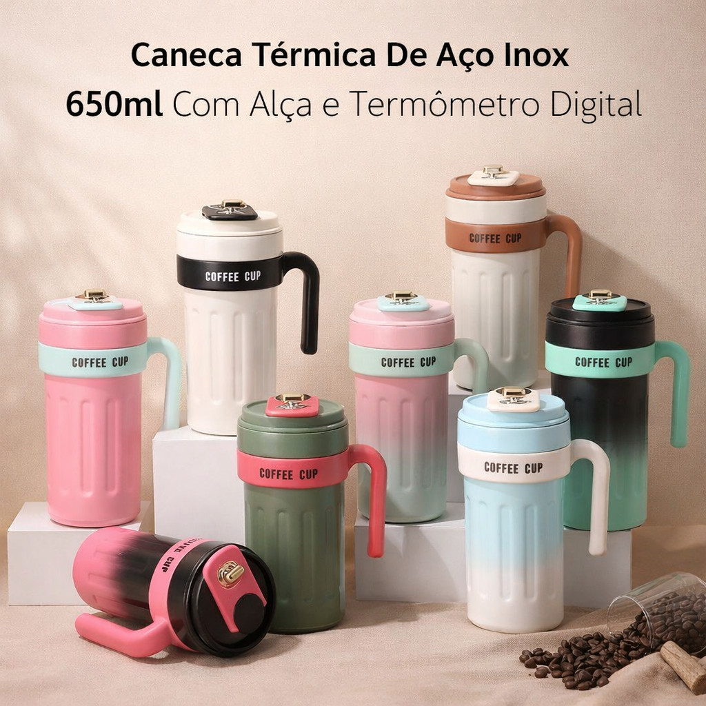 Copo Térmico Inteligente 650ml Inox 316 com Sensor de Temperatura LED - Garrafa de Café com Alça (Parede Dupla)