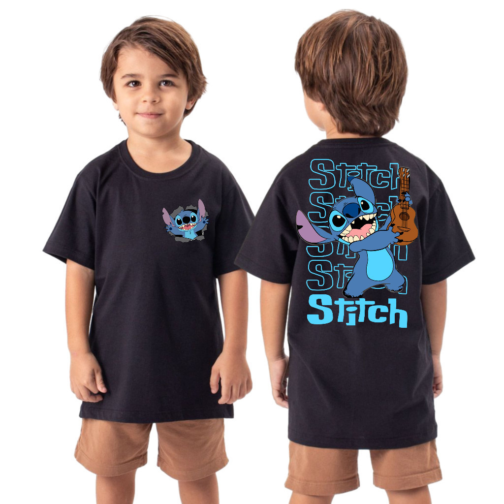 Kit Camiseta Infantil e bermuda Moletom preta  Stitch