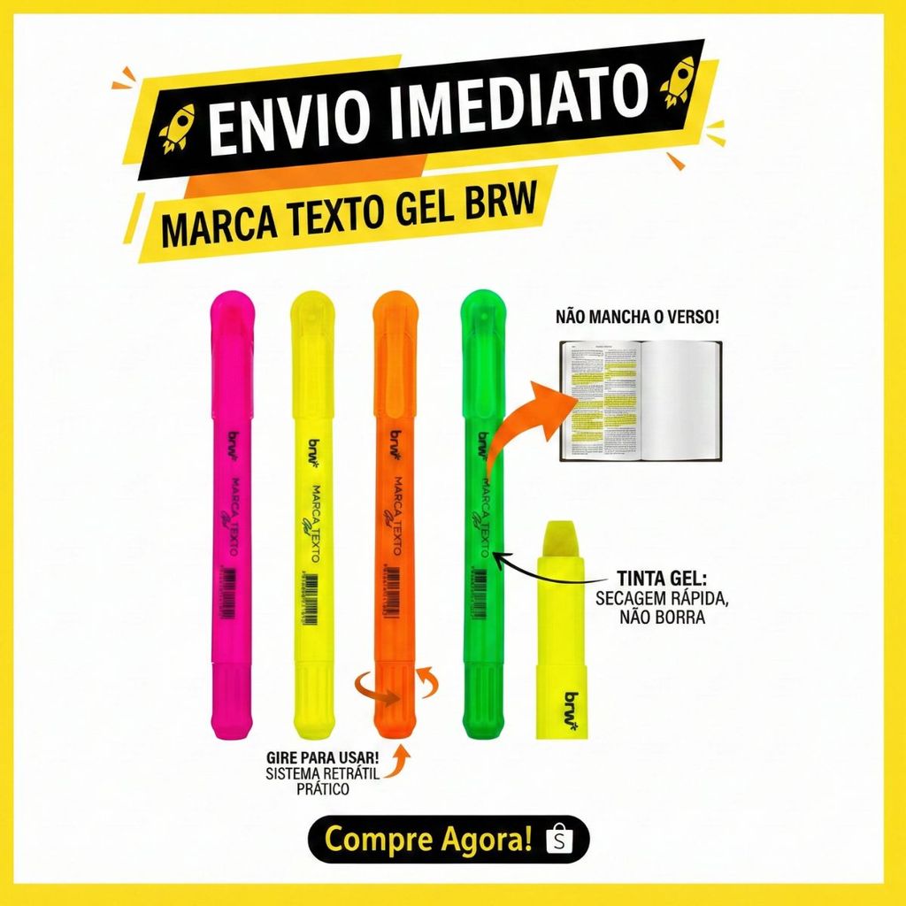 Kit 4 Marca Texto em Gel Neon Retrátil Premium BRW Não Mancha o Verso