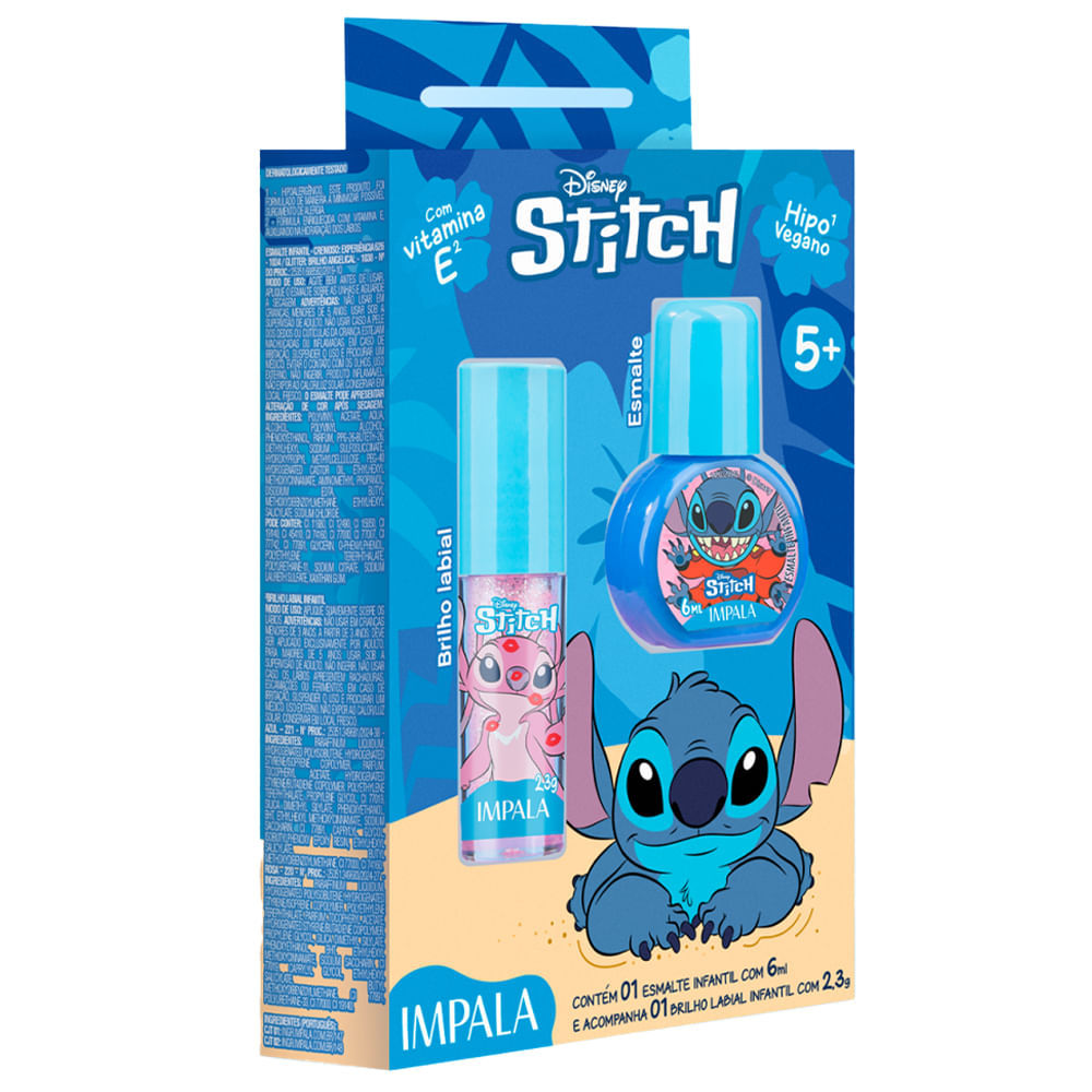 Kit Impala Esmalte Stitch e Brilho Labial Angel Infantil Disney