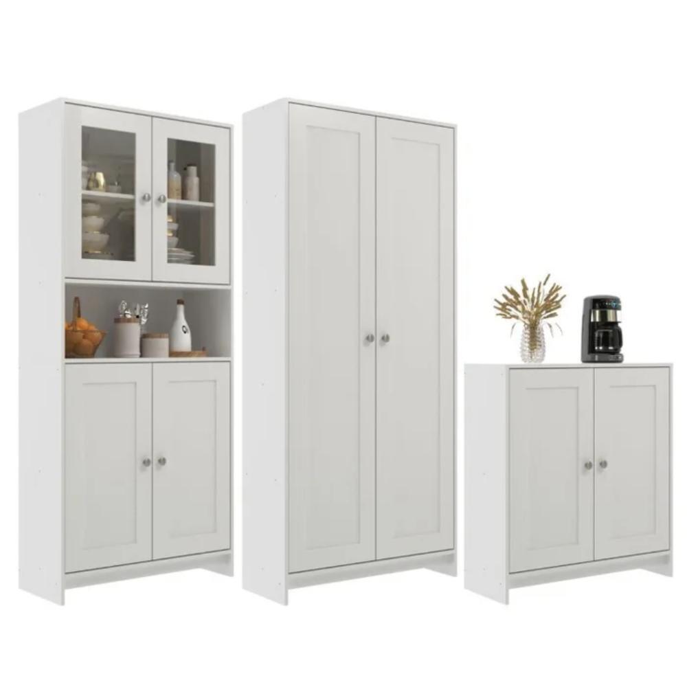 Armário Cozinha com Balcão e Paneleiro 3 Peças 8 Portas 8 Prateleiras Americano 252cm Branco Decibal
