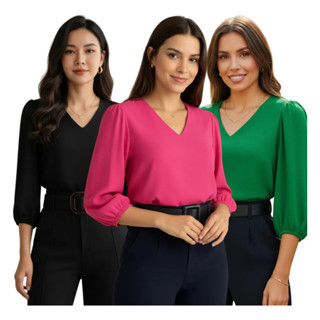 Kit 3 (Três) Blusas Feminina Manga Blogueira Novas Cores 3/4 Dunas Social Novas Cores em Oferta na Shopee
