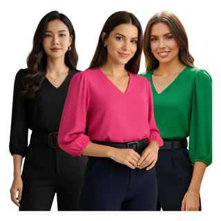 Kit 3 (Três) Blusas Feminina Manga Blogueira Novas Cores 3/4 Dunas Social Novas Cores