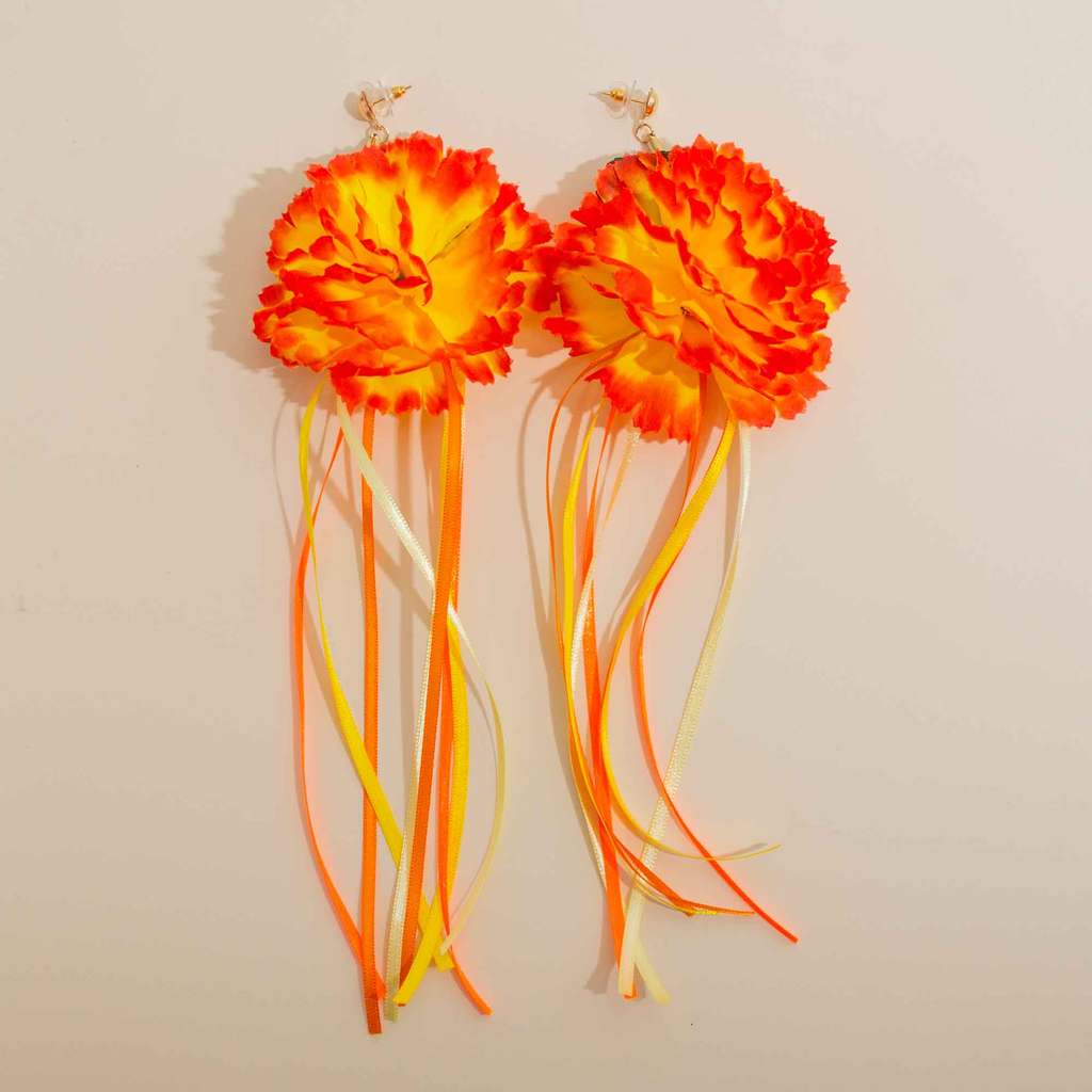 Acessório De Carnaval Brinco Pêndulo Flor Laranja Com Fitas  -