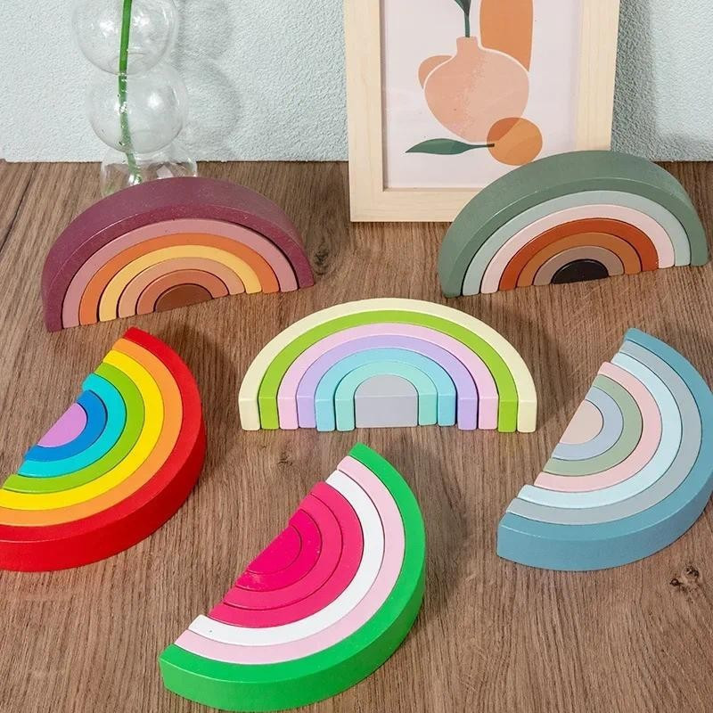 Novos Blocos De Construção Crianças Montessori Arco Ponte-Íris Brinquedos De Madeira Bebê Educação Infantil Cognitivos C em Oferta na Shopee