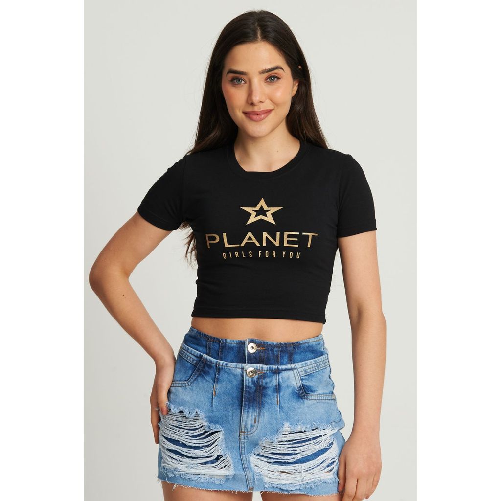 Cropped Feminino Logo Star Planet Girls Preto em Oferta na Shopee