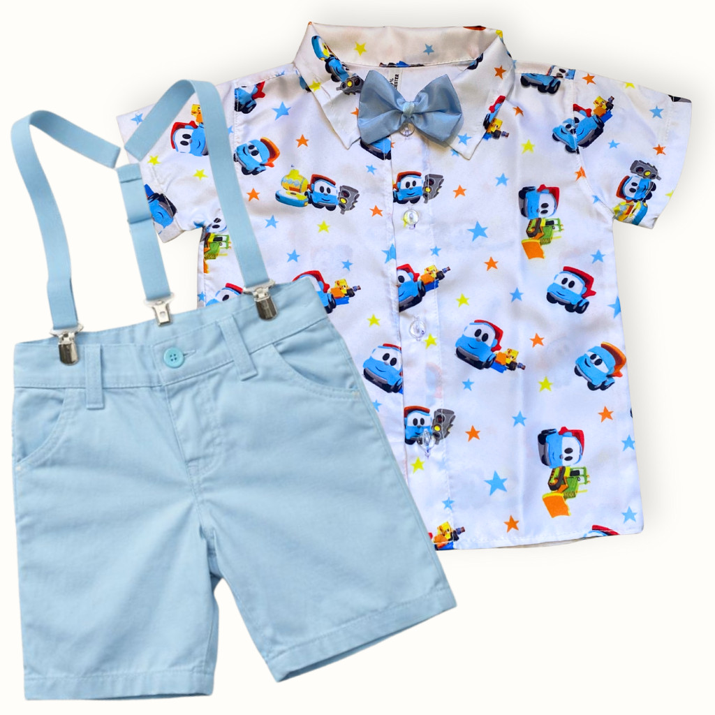 Conjunto Léo Caminhão Infantil Roupa Festa, Aniversário e Social Look Temático Luxo Menino com Camisa, Gravata, Bermuda