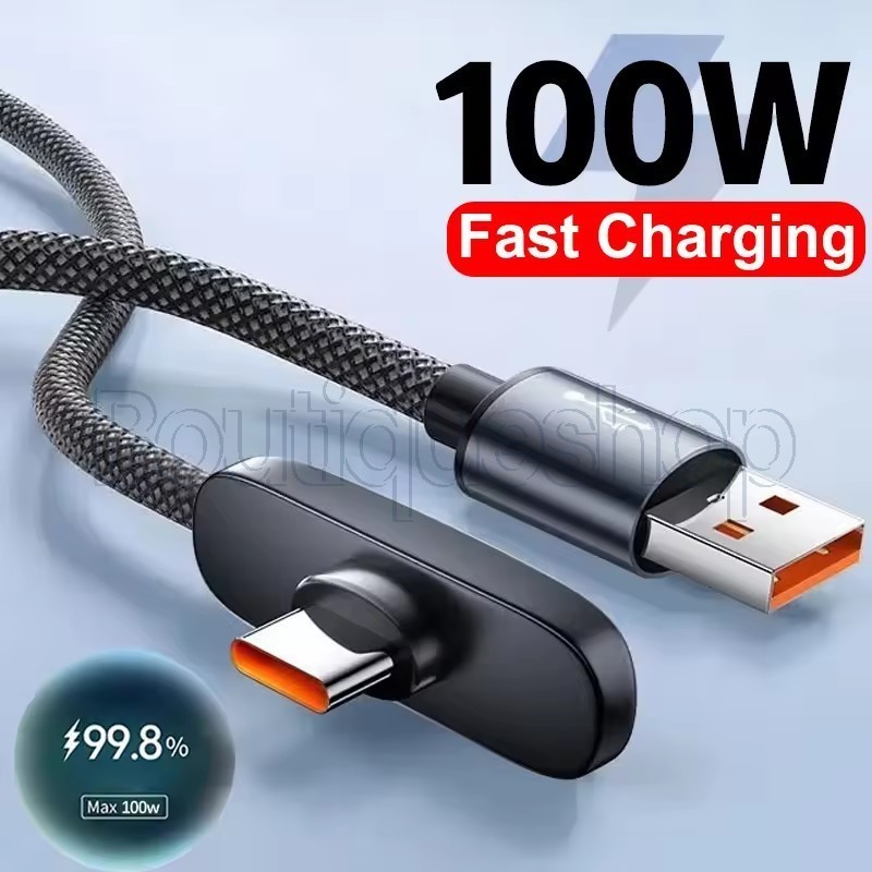 Cabo De Carregamento Rápido 100W 6A USB Para Tipo C-90 ° Dados Trançado De Cotovelo-Do Carregador Smartphones E Laptops