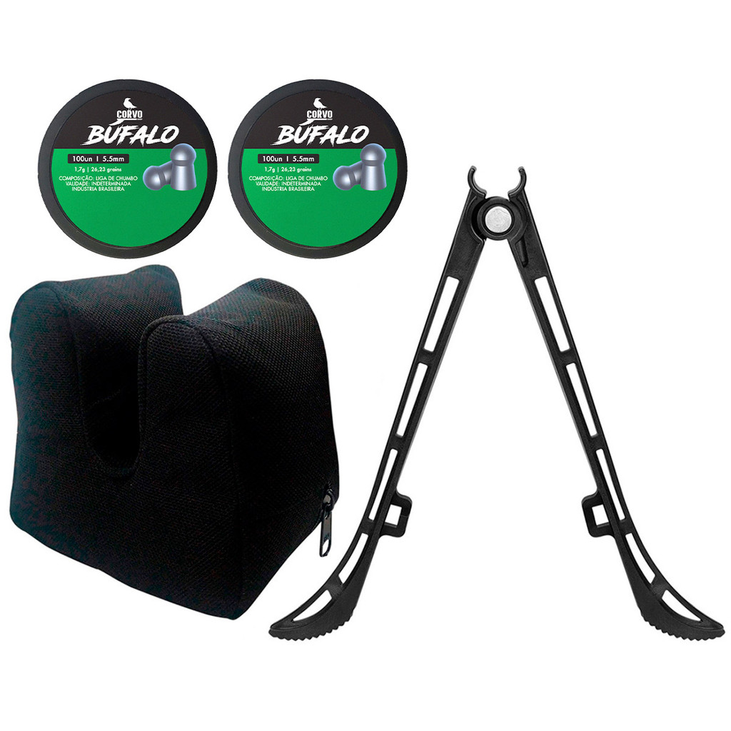 Apoio de  Carabina Sand Bag Preto Com Bipe Plástico e 2 Chumbinho Búfalo 5.5mm