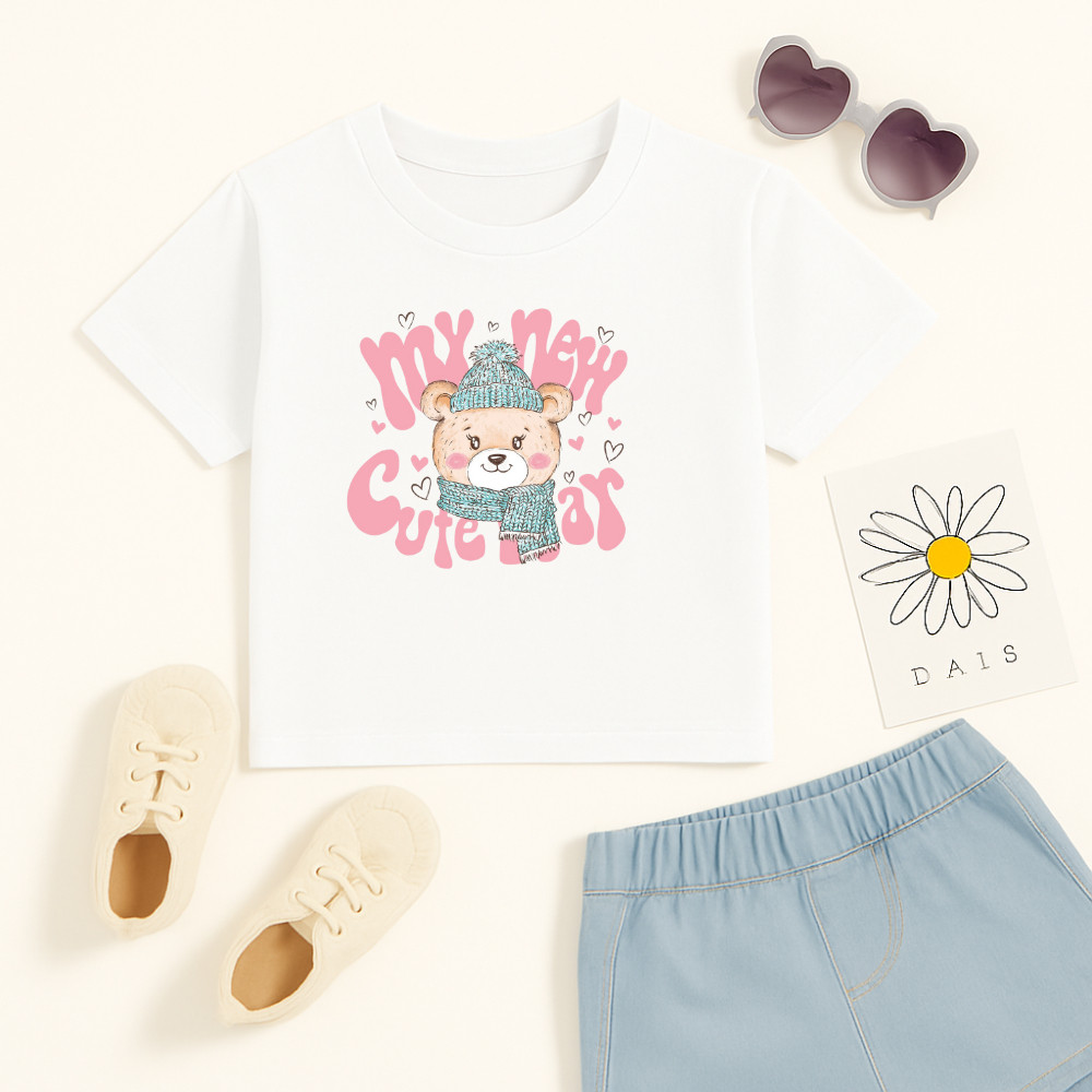 Camiseta Algodão Infantil Estampado Ursinho Cachecol 901 Camiseta de Menina Delicada Feminina