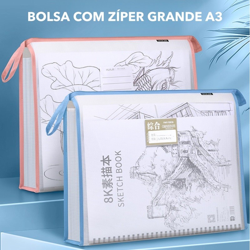 Bolsa com zíper A3 de tamanho grande-Sketchbook, material escolar e bolsa de armazenamento de arquivos-forte, durável e