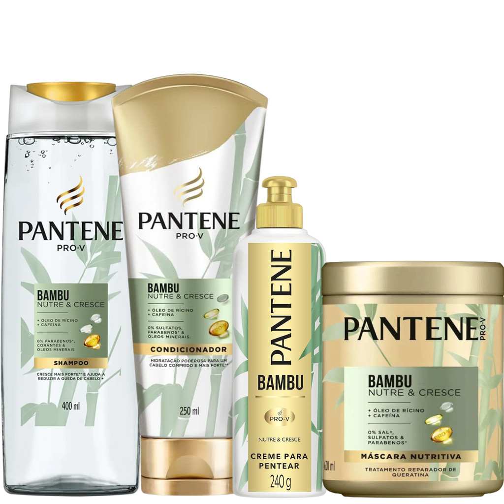 Kit Pantene Bambu Nutre Cresce Sem Sal Sulfatos Parabenos Mascara Creme de Pentear Shampoo Condicion