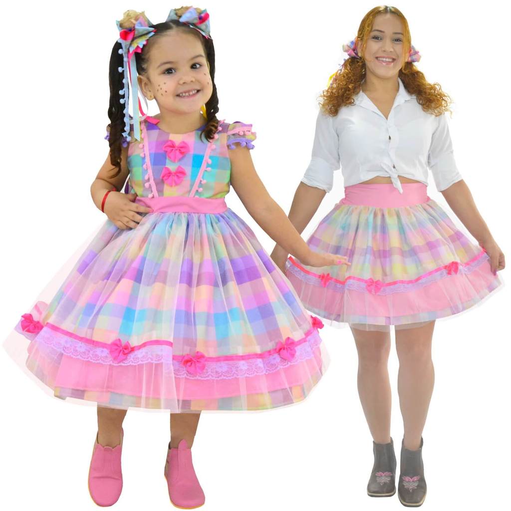 Kit Mãe e Filha Festa Junina - Vestido + Saia Adulta Xadrez Rosa