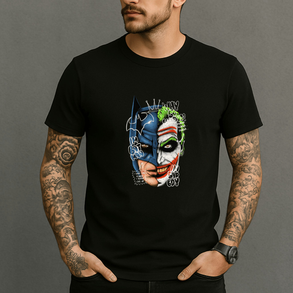 Camiseta Masculina Batman & Coringa Meia-Face Manga Curta Gola Redonda  Camisa 100% Algodao