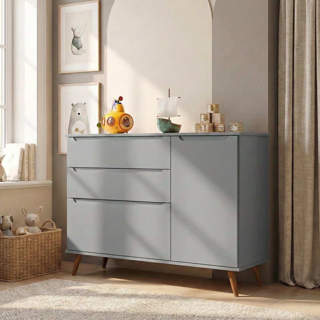Cômoda Infantil 100% MDF com 3 Gavetas e 1 Porta Retrô Melinda Cinza Cinza