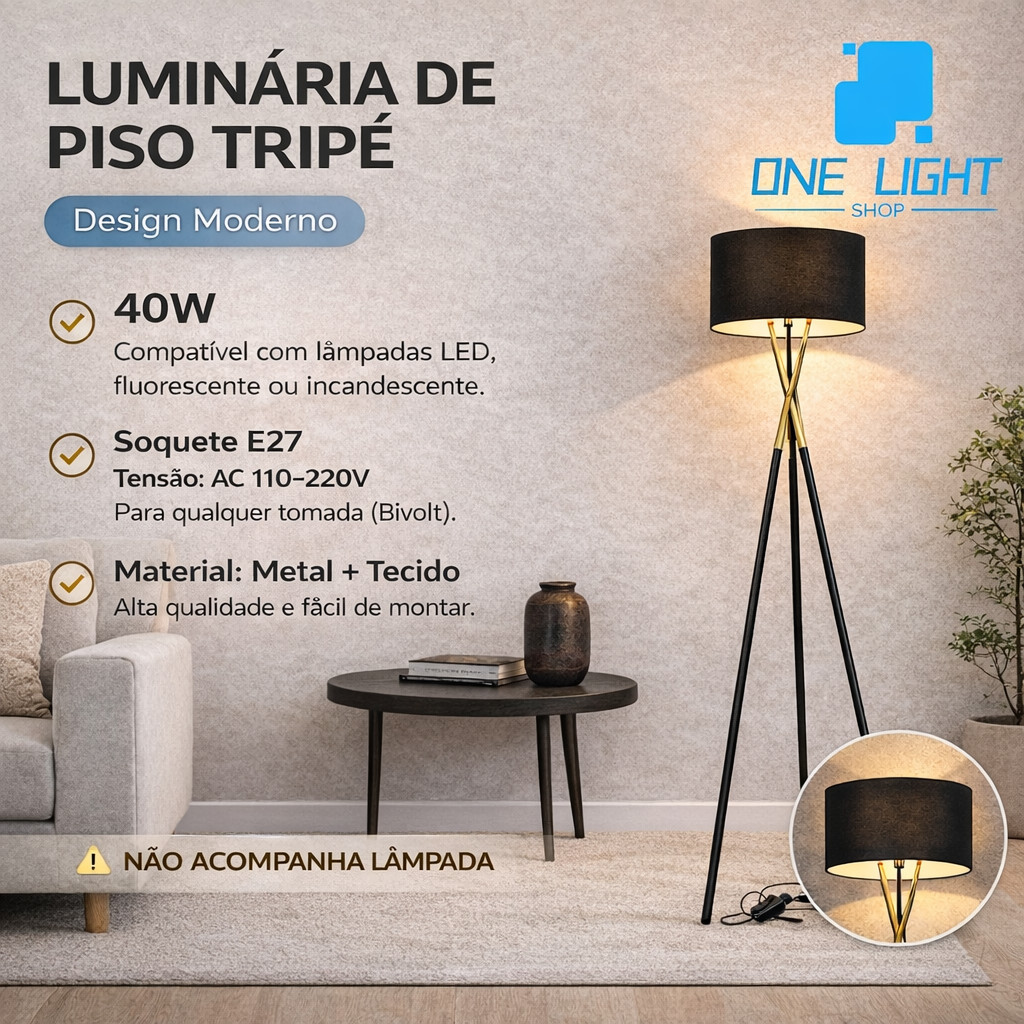 Luminária de Piso Tripé Moderna 40W E27 Bivolt 110-220V | Abajur de Chão Decorativo Sala Quarto