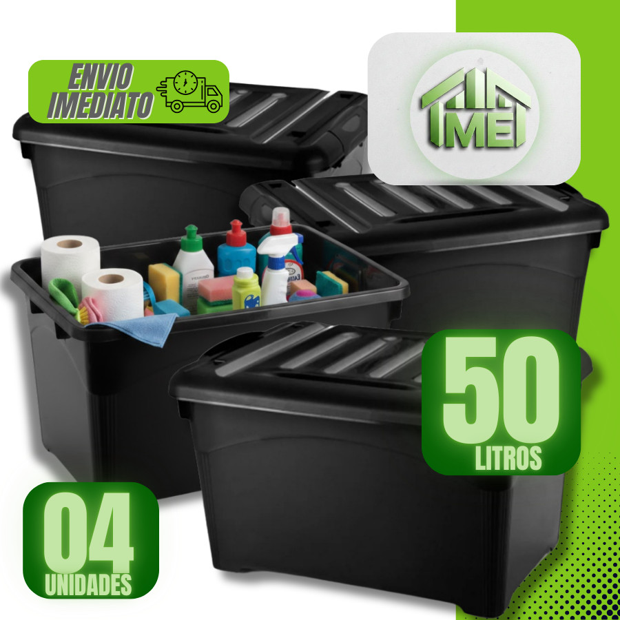 kit 04 unidades caixa organizadora 50L preta com trava reforçada em Oferta na Shopee