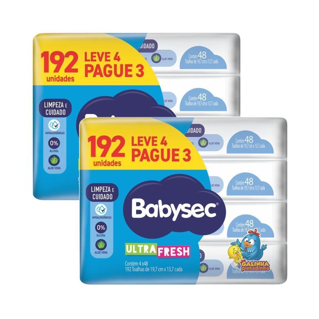 Pack 2 – Cada Embalagem com 4 Pacotes Internos BabySec Toalhas Umedecidas 48 Folhas - Textura macia