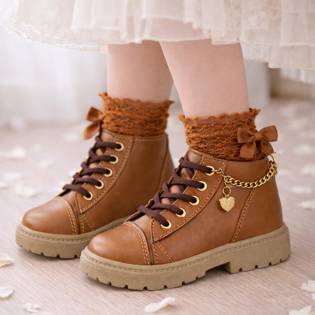 Coturno Bota Infantil Feminina Verniz com Detalhes de Corrente e Pingente Dourada, Laço e Solado Tratorado