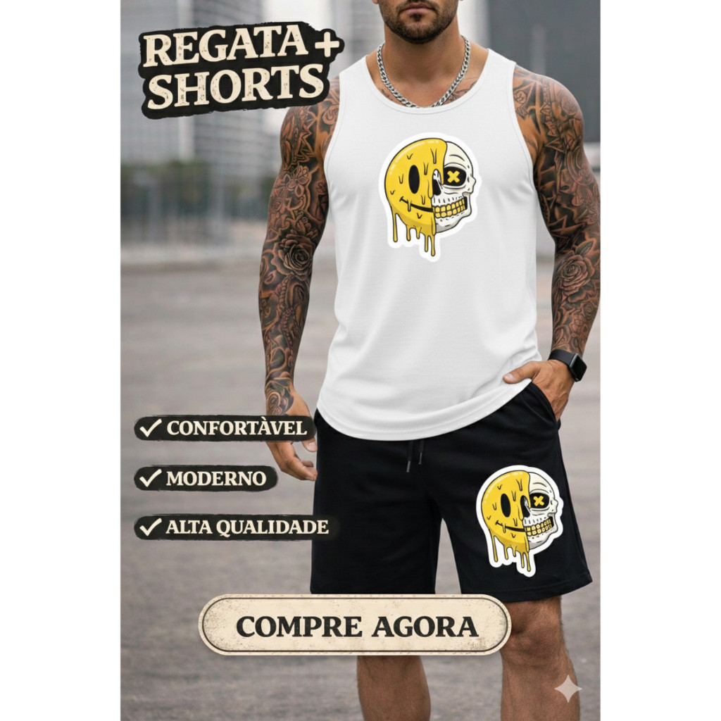 Kit Conjunto Lançamento Emoji Fio 30.1 Regata e Bermuda Moletom PREMIUM Confortável Toque Macio Envio Imediato