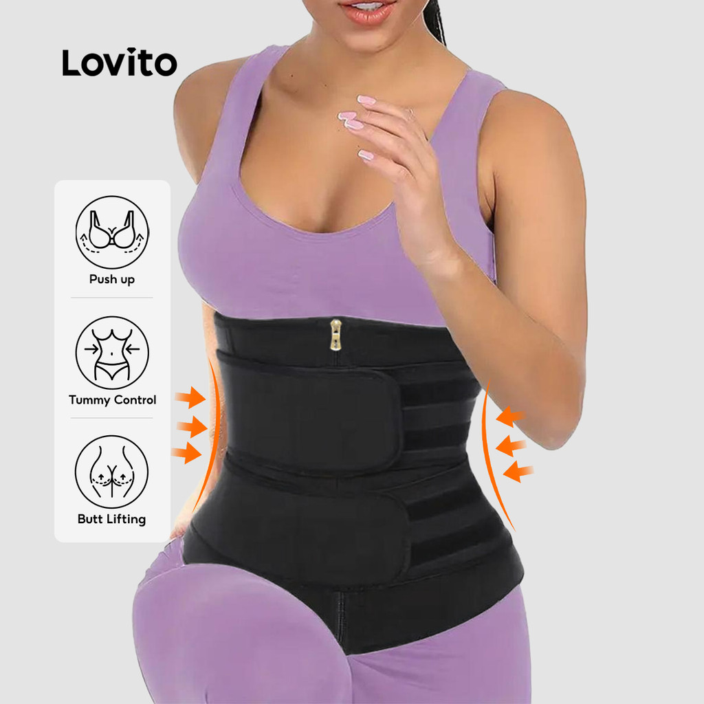 Lovito Modelador Esportivo Feminino Preto com Zíper Elástico Controle de Barriga 4 Direções LNE39476 em Oferta na Shopee