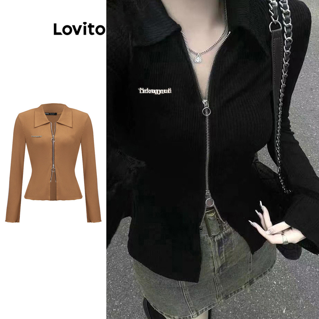 Lovito Camiseta Casual Com Zíper Liso Para Mulheres LNA27136 (Multicolorido) em Oferta na Shopee