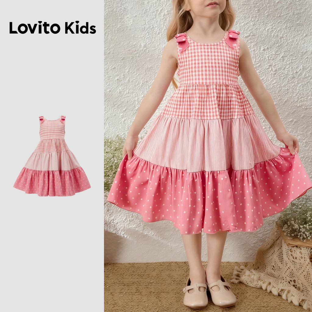 (NEW) Lovito Kids Vestido Casual com Laço em Camadas Rosa para Menina - Primaver