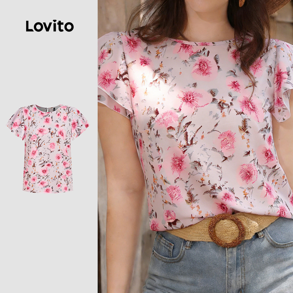 Lovito Blusa Casual com Babados Primavera/verão Blusa Rosa para Mulheres LK2ED179 em Oferta na Shopee