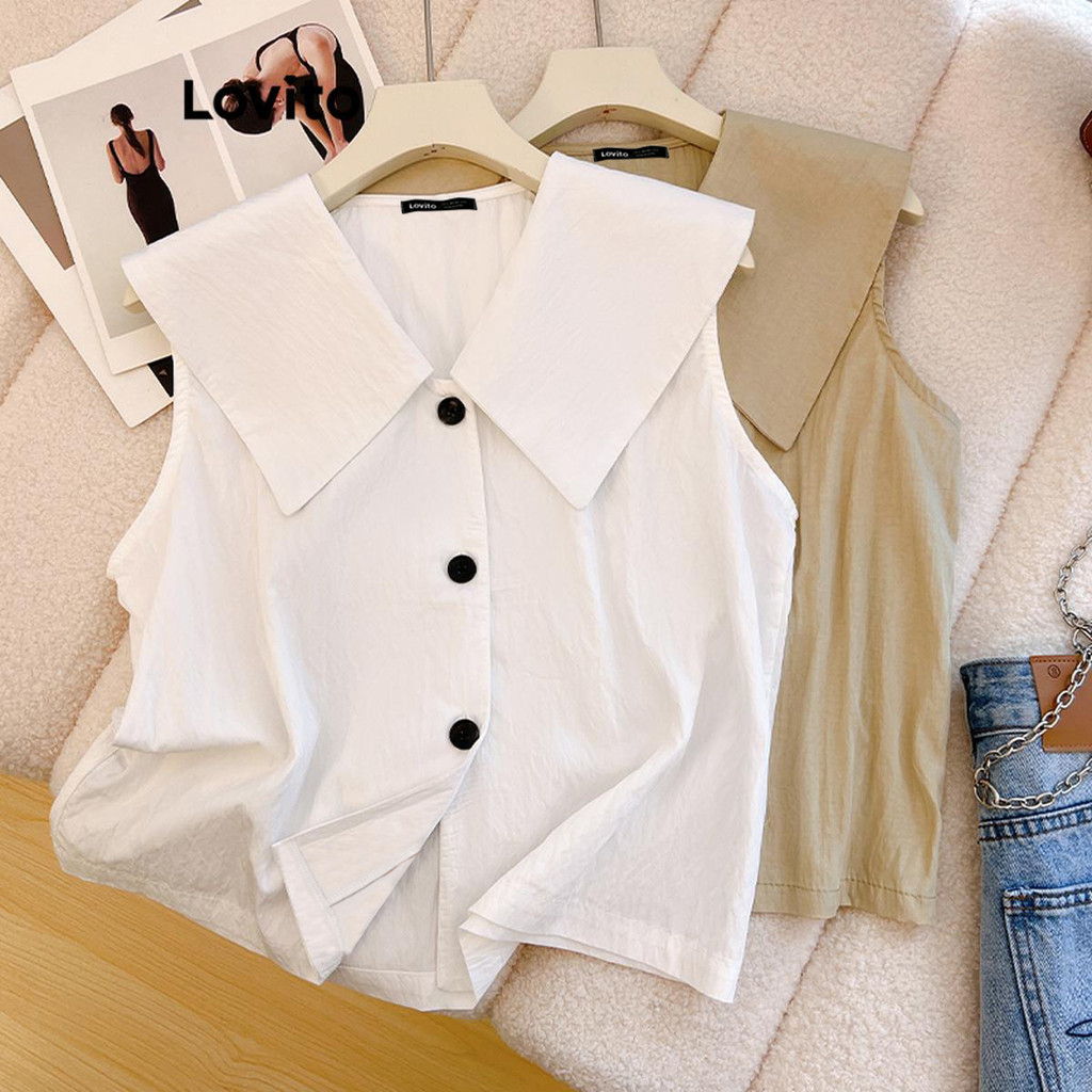 Lovito Regata Casual Com Botões Lisos Para Mulheres LNE62426 em Oferta na Shopee