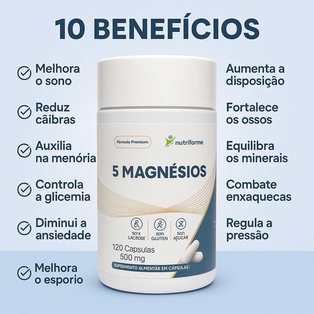 5 Magnésios Nutriforme 120 Cápsulas 500mg Magnésio Treonato Malato Cloreto Dimalato e Bisglicinato Suplemento Natural — imagem 2 de 2