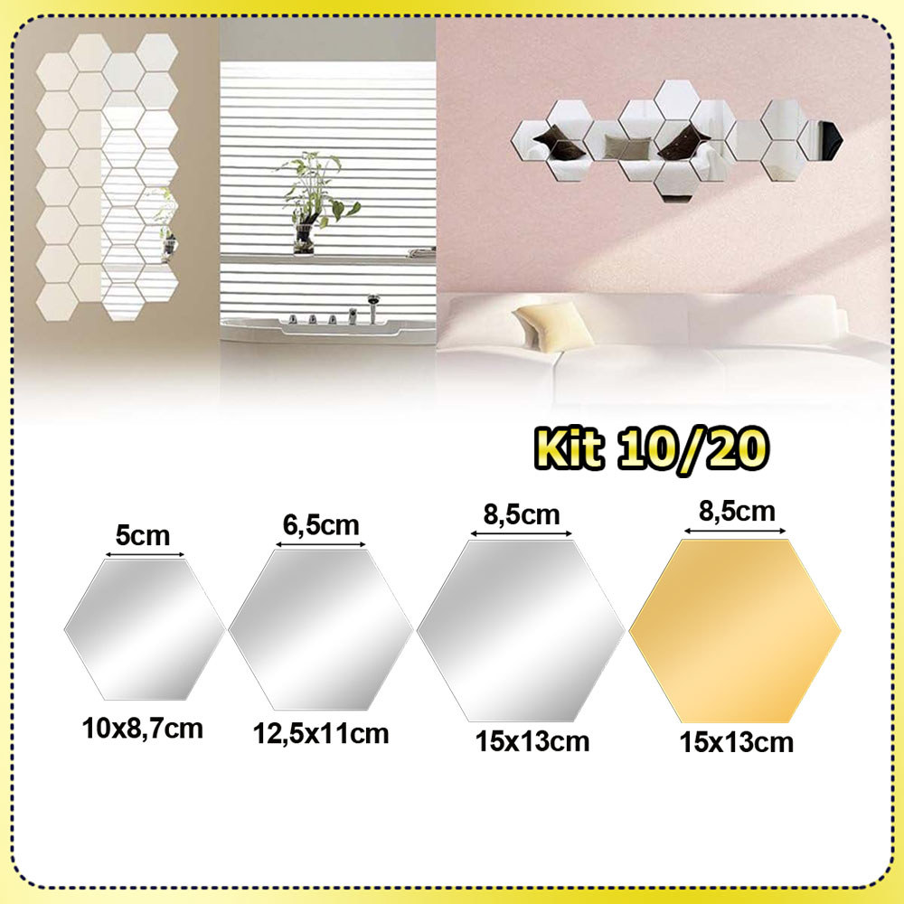 Kit 10/20 Folha de espelho hexagonal acrílico espelho autoadesivo para montagem na parede espelho decorativo para parede