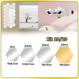 Kit 10/20 Folha de espelho hexagonal acrílico espelho autoadesivo para montagem na parede espelho decorativo para parede