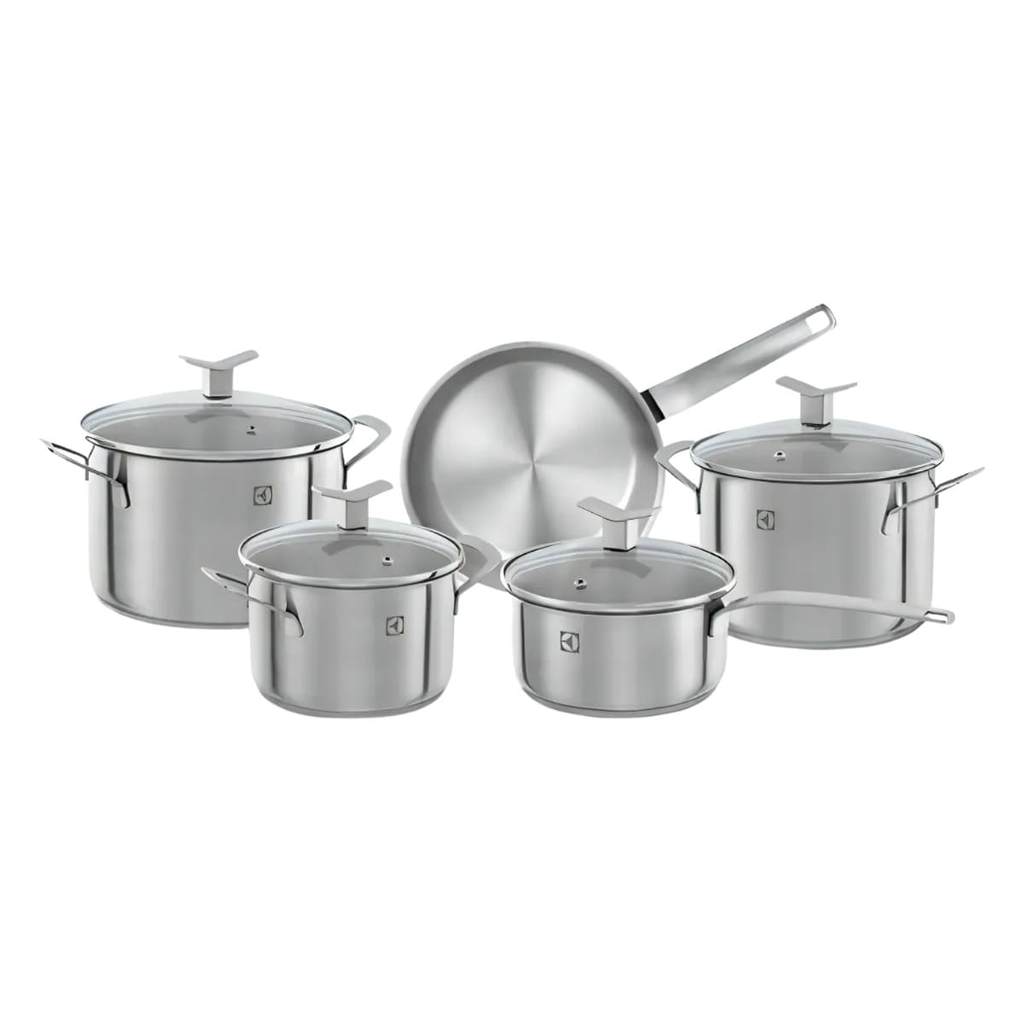 Jogo de Panelas Inox 5 Pcs Fundo Triplo para Indução Tampa de Vidro Design Premium Luxo Electrolux