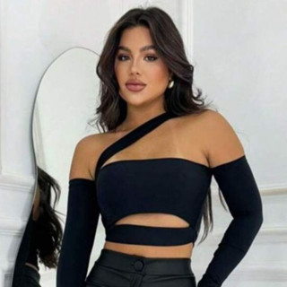 Cropped Maya Manga Longa Feminina Com Bojo Recortes Faixa Moda Blogueira Gringa Decotado Ombro a Ombro em Oferta na Shopee