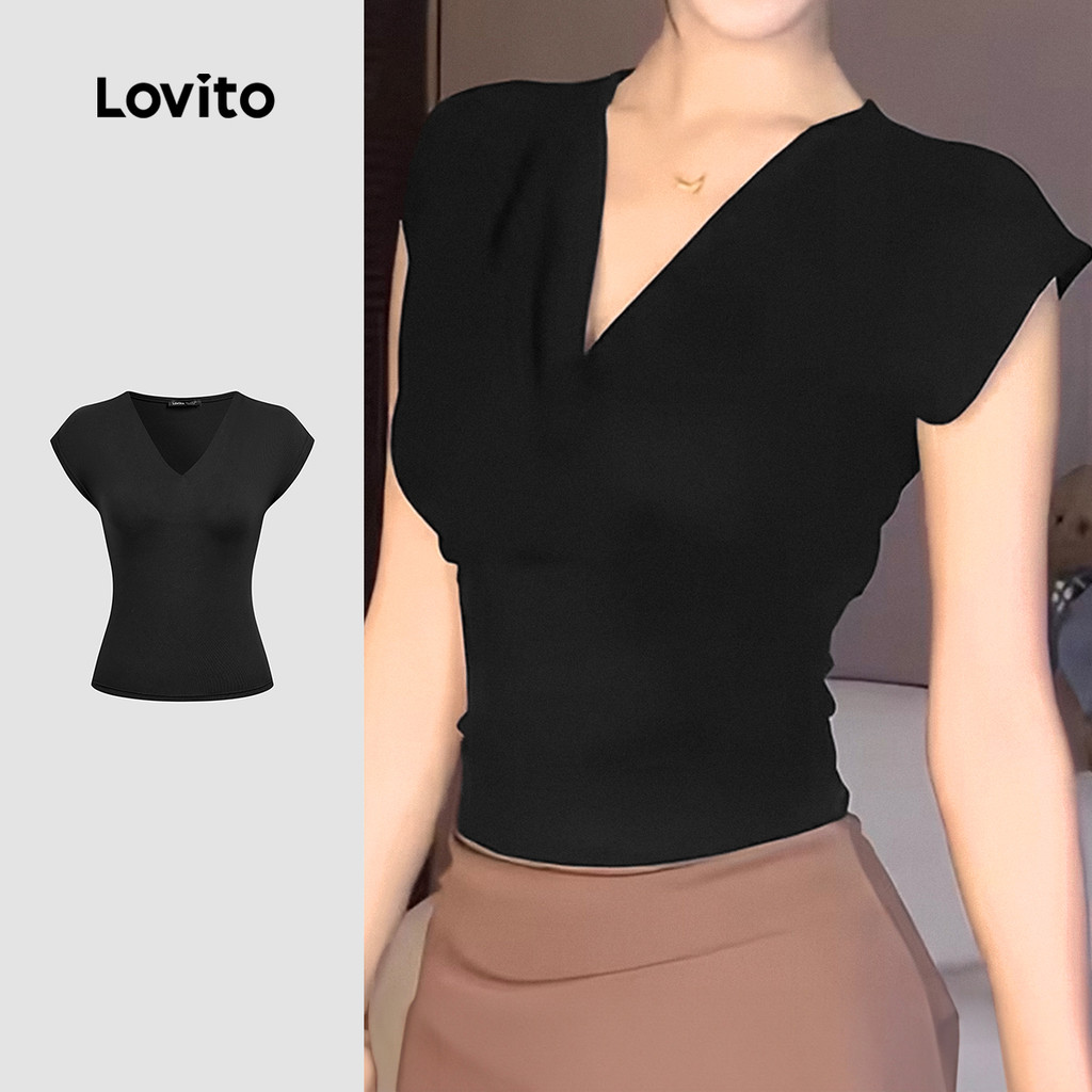 Lovito  Camiseta Elegante Simples Primavera/verão Preta para Mulheres L172ED030 em Oferta na Shopee