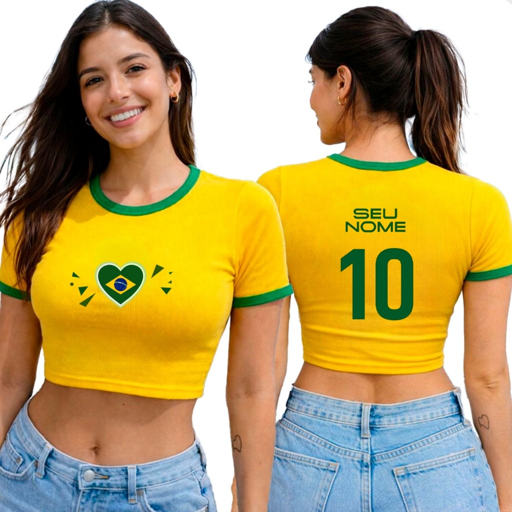 Cropped Camiseta Gola Verde Feminino Brasil Copa Personalizada 100% Algodão Estilo Futebol