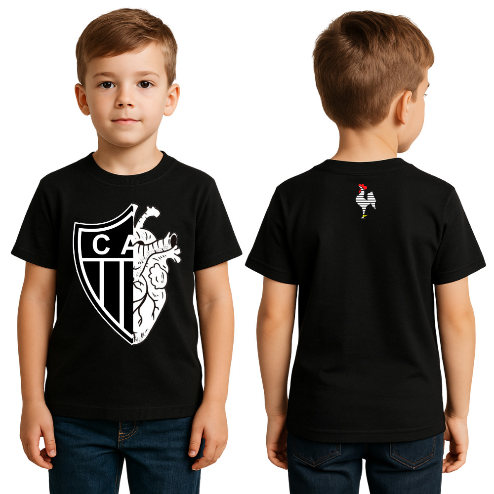 Camiseta Times Blusa Infantil Juvenil 100% Algodão Preta Coração Escudo Futebol, G.A.L.O