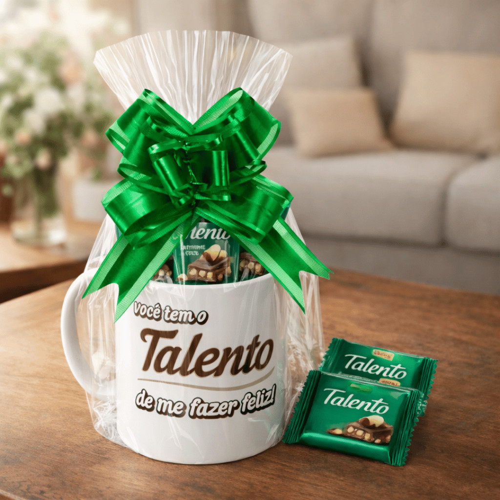 Kit Cesta Presente com Chocolate Talento Personalizado – Caneca + Bombons + Laço