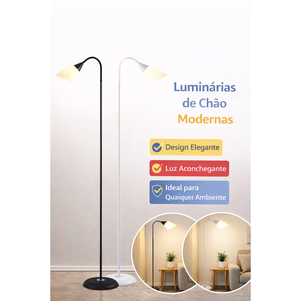 Abajur de Piso com Haste Ajustável E27 40W – Luminária de Chão Minimalista para Sala, Quarto e Escritório