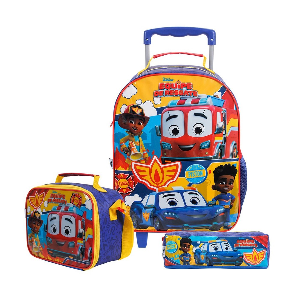 Kit Mochila Escolar de Carrinho Infantil + Lancheira + Estojo Dermiwil Equipe de Resgate
