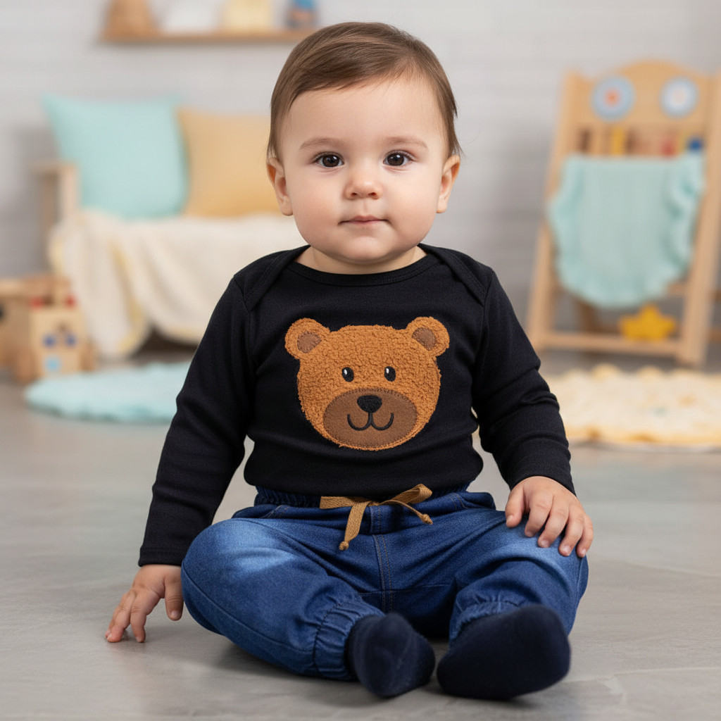Conjunto Bebê Body Preto Bordado Urso + Calça Jeans Charmoso Infantil Menino Menina em Oferta na Shopee