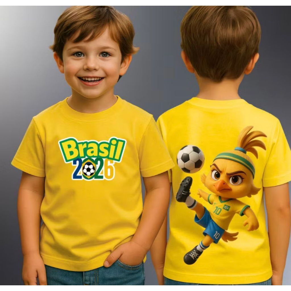 Camiseta Em Algodão Infantojuvenil Infantil Brasil 2026 Mascote Brasileiro Canarinho 100% Algodão Cores do Brasil