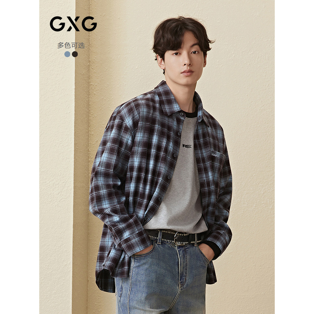 GXG Camisa masculina escovada de manga comprida Commuter pequena xadrez camisa de duas cores masculina jaqueta Casual 25