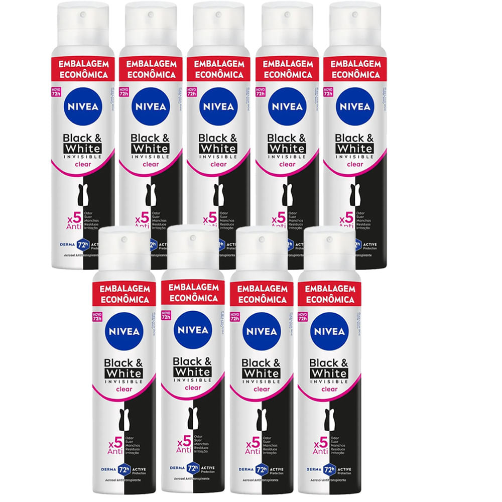 Kit Desodorante Aerosol Nívea Black & White Feminino 200ml - 9 unidades