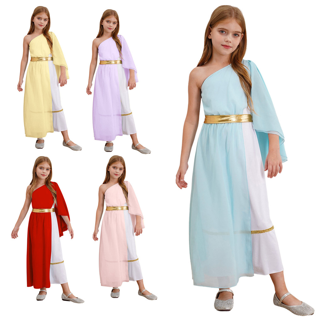 inhzoy Crianças Meninas Halloween Antigo Grego Roma Egito Toga Traje Ombro Único Tule Xale Retalhos Vestido Fluido Com C