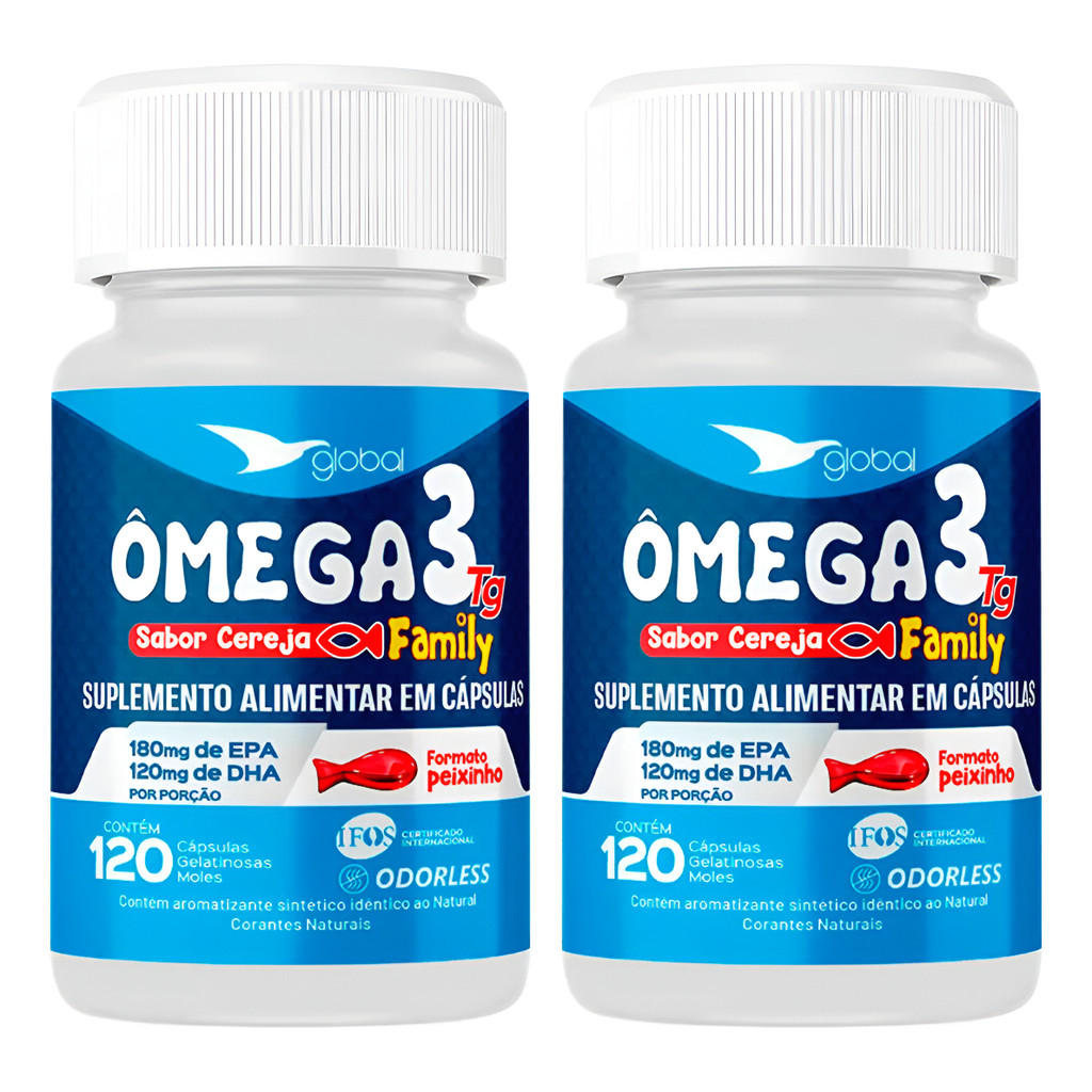 Suplemento Óleo de Peixe Ômega 3 Peixinho Family 18 EPA 12 DHA - 120 Cápsulas Sabor Cereja - Global Suplementos