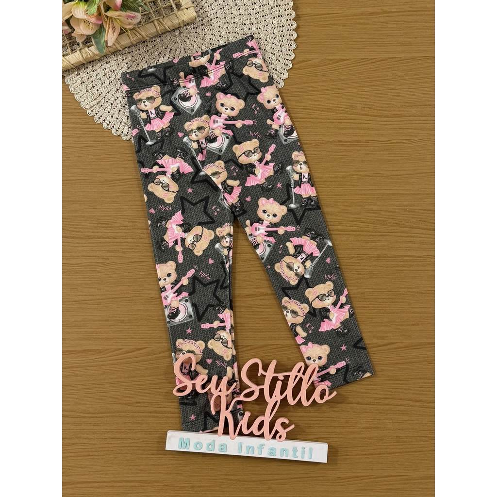 Calça Legging Infantil Inverno Térmica Cinza Ursinha Roqueira