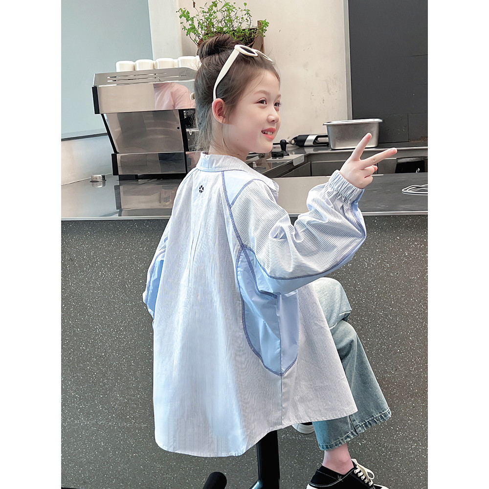 Crianças de comprimento médio estilo ocidental camisas meninas camisas listradas grandes crianças topos meninas Cardigan