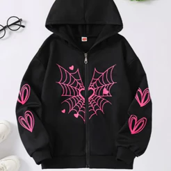 Blusa Moletom Ziper Feminina Moletom Canguru Teia Love Spider Coração Forrado Casual Bolsos Capuz