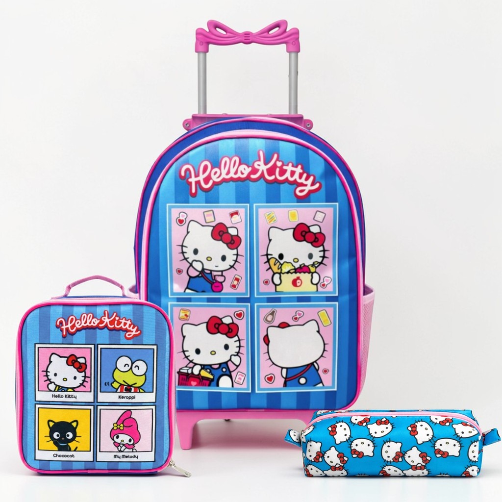 Mochila Rodinhas Escolar Hello Kitty Feminina Infantil + Lancheira Térmica + Estojo Kit Completo